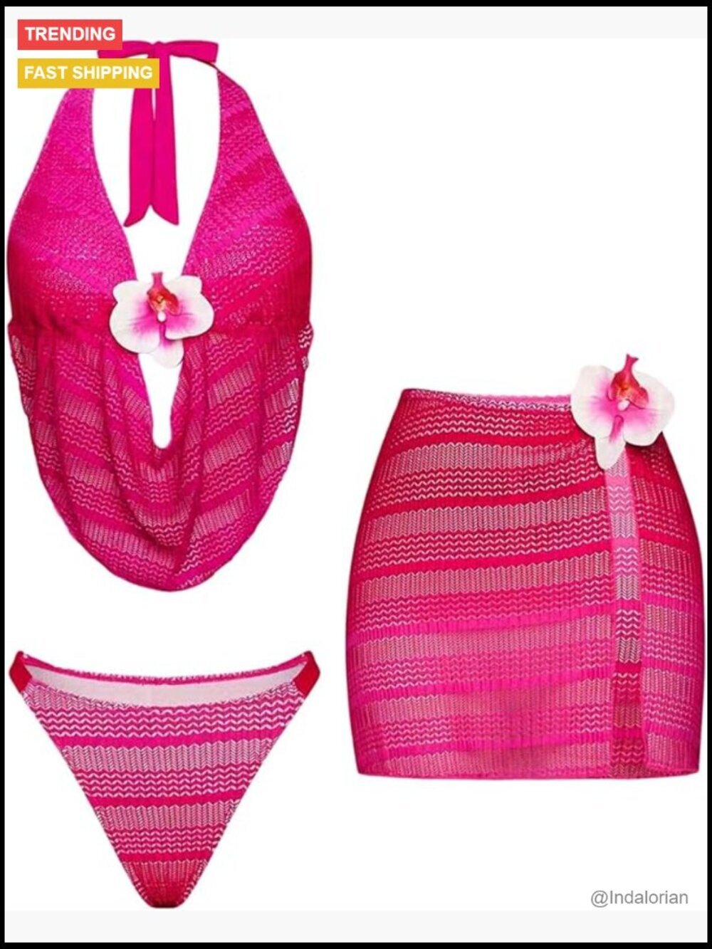 3 Piece 3D Floral Halter Bikini Set Crochet Swimsuits with Beach Cover Up Skirt